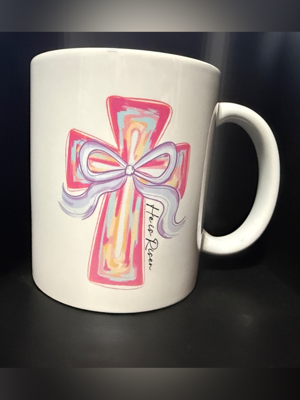 NEW 11 oz White Ceramic Mug with He Is Risen with Pink Cross & Bow Design